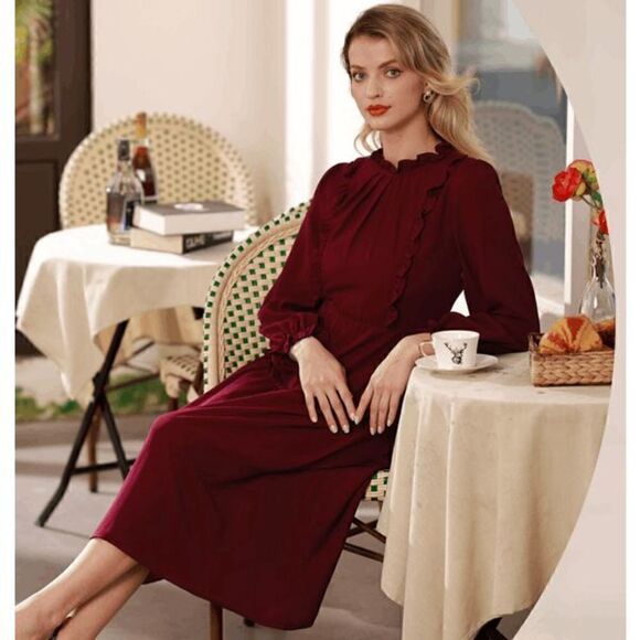 NWT Modest Elegant Long Sleeve Retro Vintage Victorian Ruffle Red Midi Dress L - Picture 8 of 16